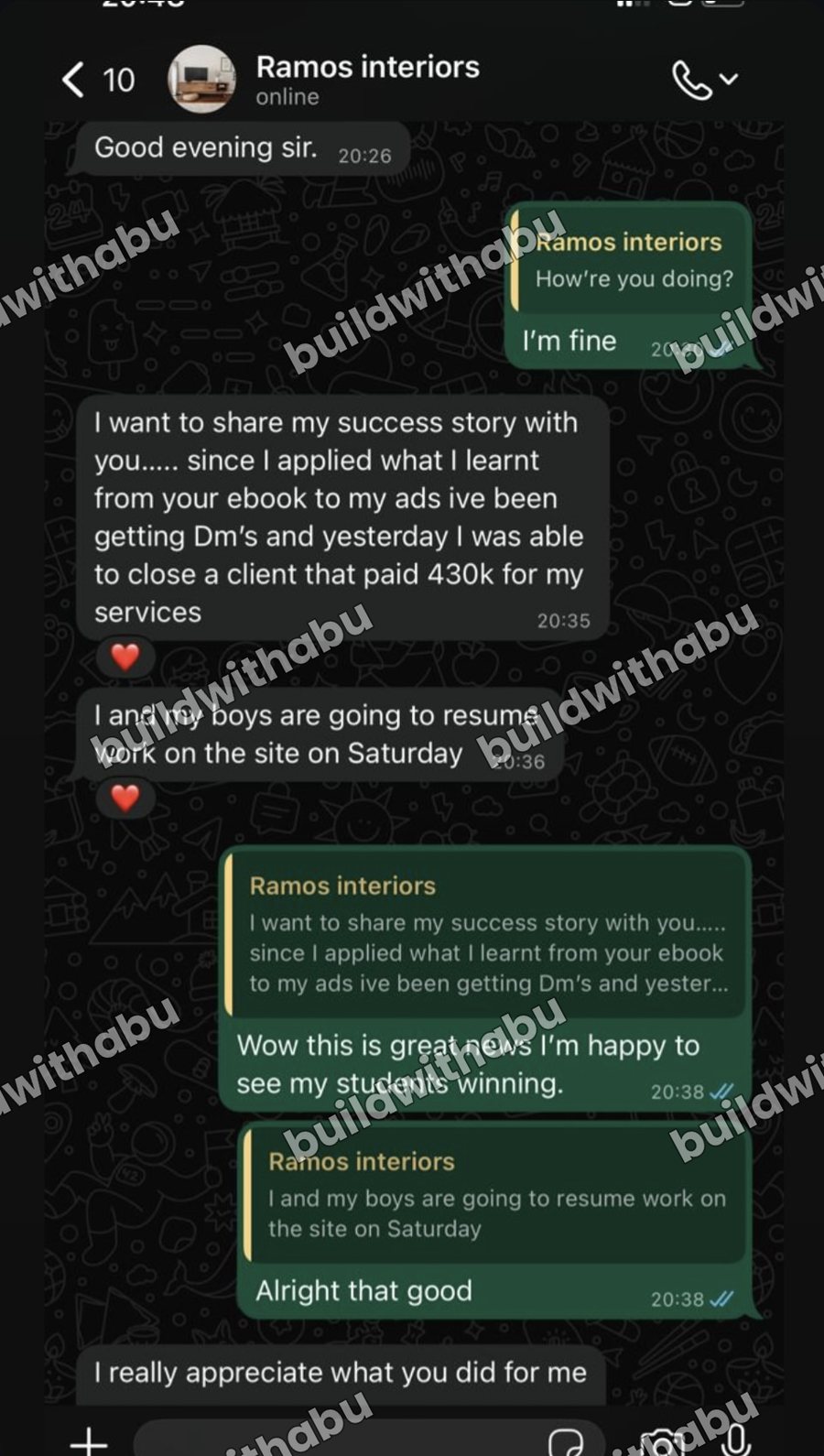 WhatsApp message from a client who got more DMs from his ads and closed a new client