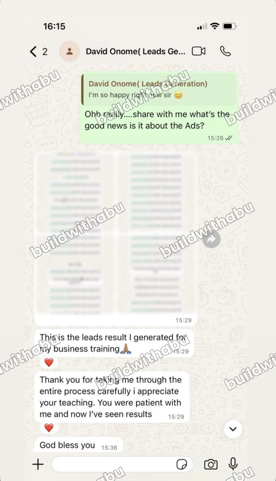 WhatsApp message from a client sharing the leads his ads generated for his business training